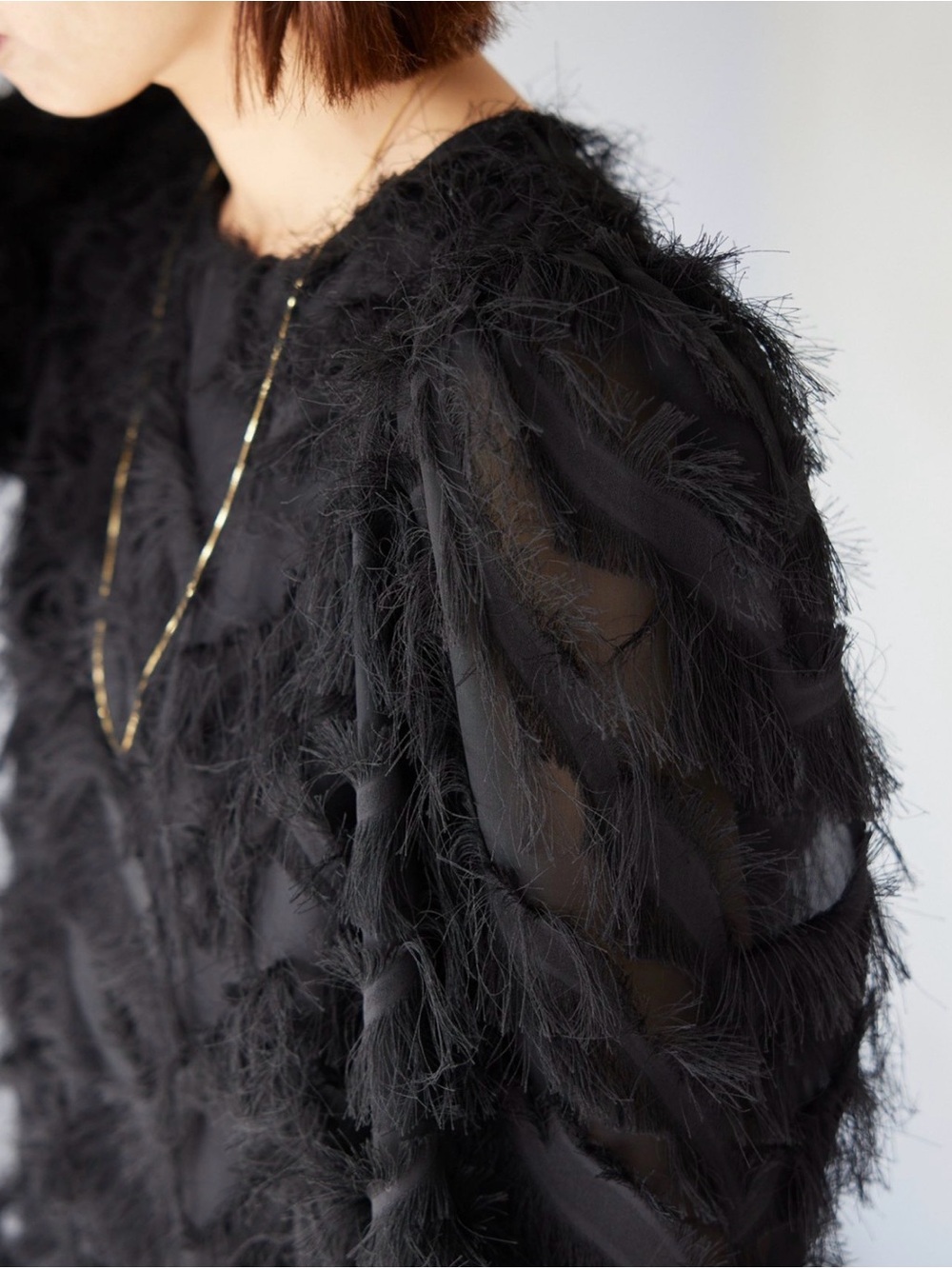 RW&CO striking black semi-sheer fabric covered in textured eyelash fringe L